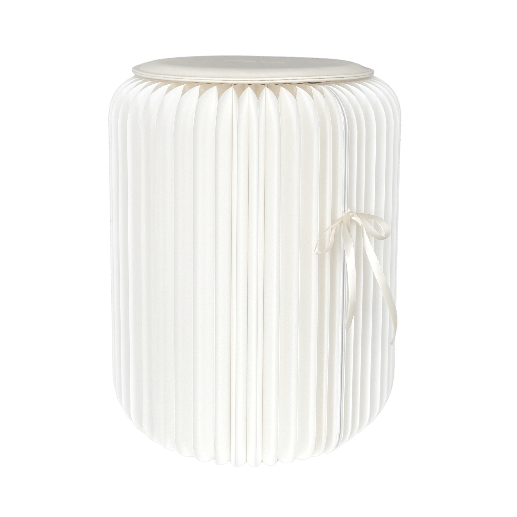 white unfolded round stool with ruban