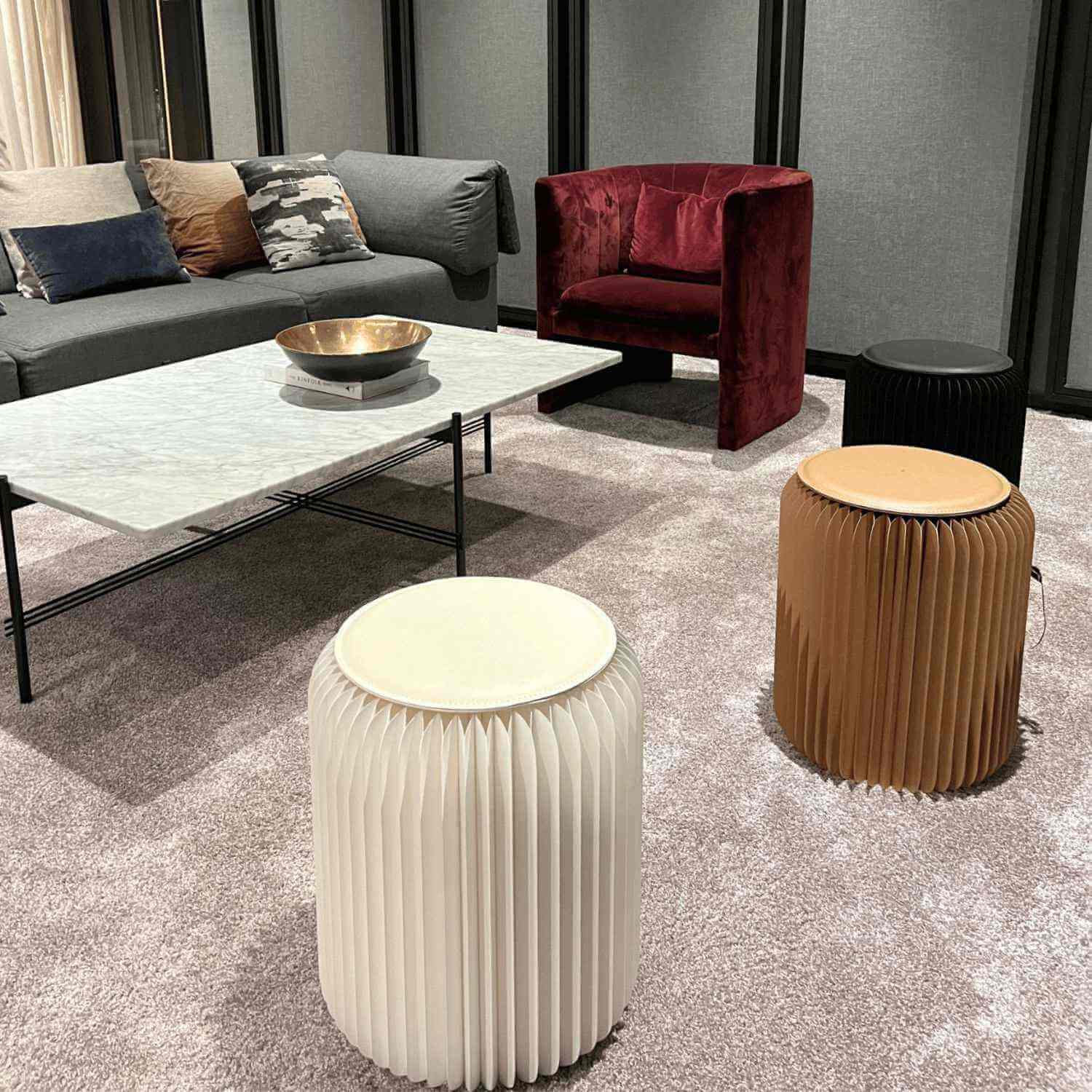 white brown black foldable stools extra guests sofa in living room