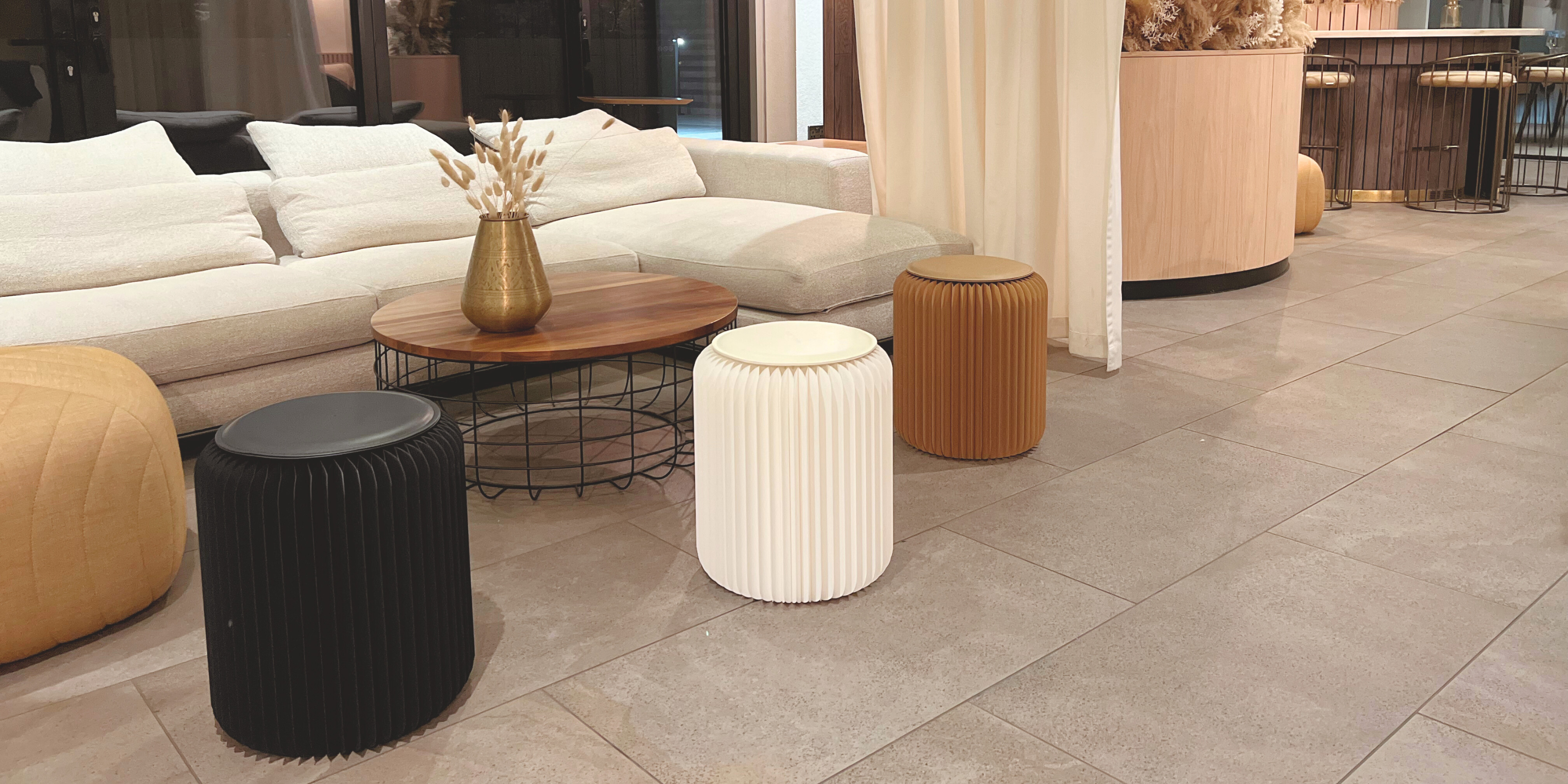 3 foldable stools minimalist elegant design black white brown lounge style
